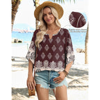LOMON Women's 3/4 Length Sleeve Boho Tops V Neck Casual Vacation Clothes Loose Fit Tunic Shirts S-3XL