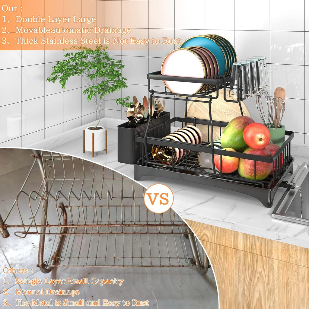 2-Tier Dish Drying Rack - Dish Rack With Auto Drain-To-Sink & Mat | Dish Racks For Kitchen Counter, Dish Drainer With Knife Fork & Cup Rack, Gifts For Women, Mothers Day, Kitchen Gadgets, Black