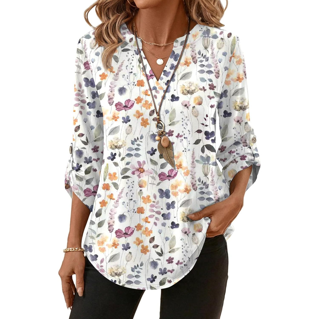 XIEERDUO 3/4 Length Sleeve Womens Tops V Neck T Shirts Both Side Buttons Blouses Business Casual Outfits Loose Fit
