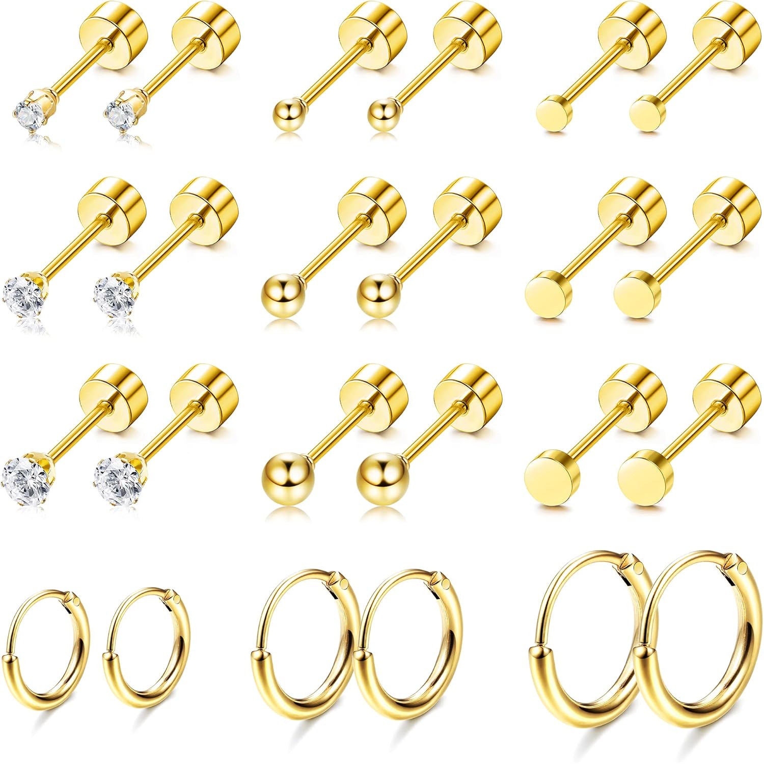 FASACCO Small Tiny Stud Flat Back Earring Hypoallergenic Gold Studs 14K Surgical Steel Earring Sets for Multiple Piercing Cartilage Hoop Earrings