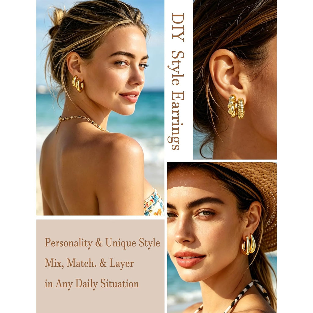 16 Pairs Starfish Chunky Gold Hoop Earrings Set for Women, Beach Shell Style Stack Statement Earrings, Hypoallergenic Lightweight Gold Plated Trendy Summer Jewelry Gift