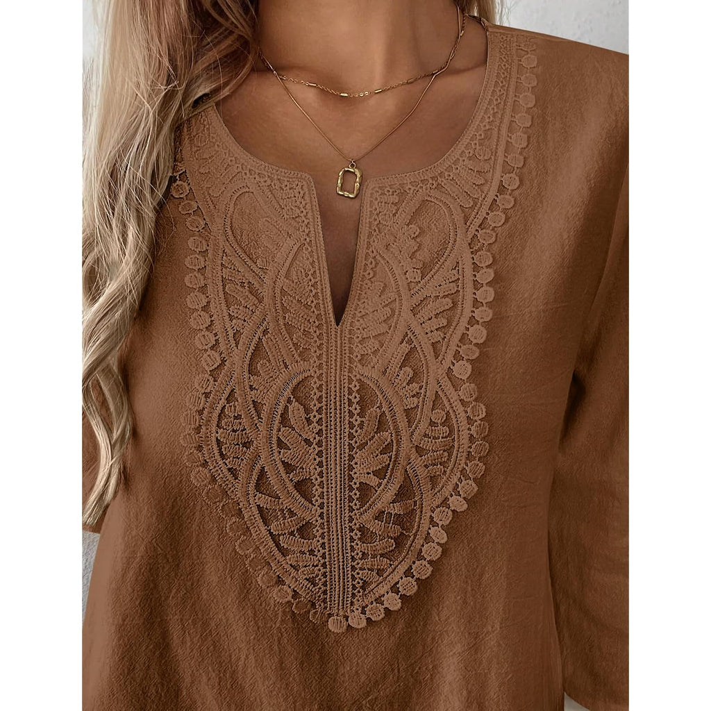 Lomon Womens 3/4 Sleeve Tops Cotton Linen Shirts V Neck Lace Casual Loose Fit Blouses Boho Fashion