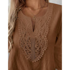 Lomon Womens 3/4 Sleeve Tops Cotton Linen Shirts V Neck Lace Casual Loose Fit Blouses Boho Fashion