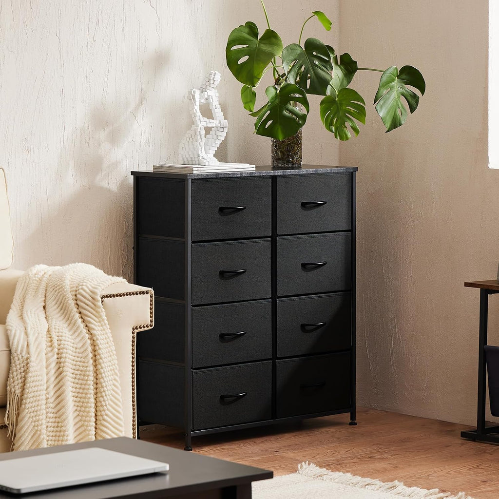 Sweetcrispy 8 Drawer Black Dresser For Bedroom Tall, Organizer Storage | Fabric Storage Tower, Chest Of Drawers With Steel Frame, Wood Top For Living Room, Closet