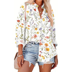 Womens Button Down Shirts Oversized Long Sleeve Floral Printed Blouses Casual Work Tops Drop Shoulder Outfit Clothes