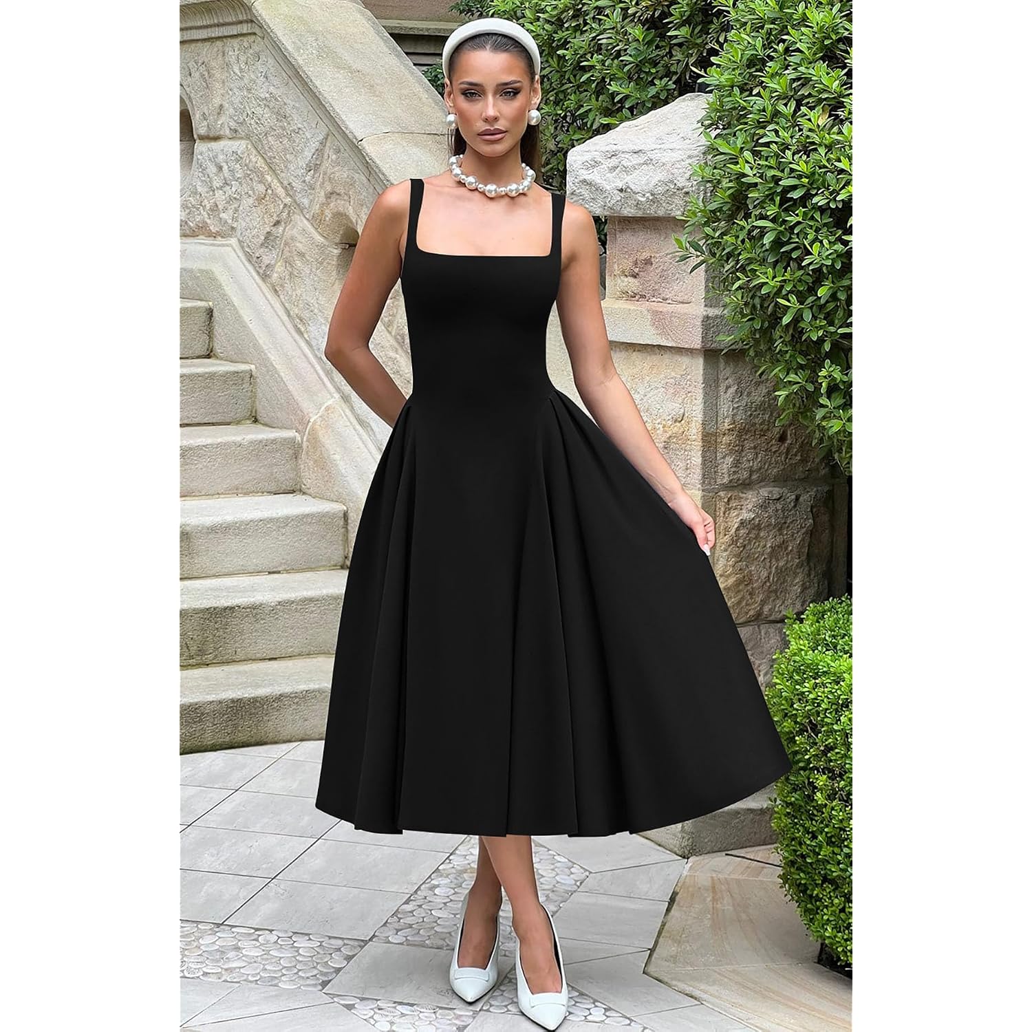 Memoriesea Women'S Elegant Square Neck Swing A Line Wedding Evening Party Midi Dress