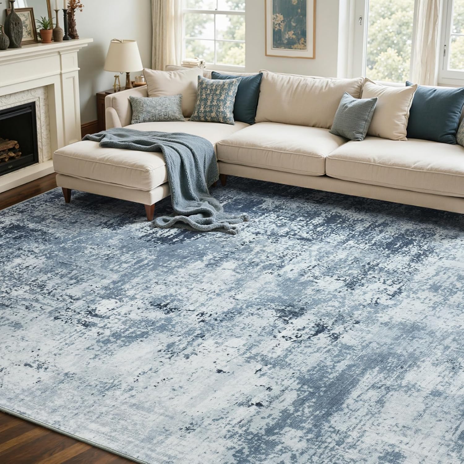 6X9 Ft Large Area Rugs For Living Room, Soft Non-Slip Washable Rugs Modern Abstract Pattern Carpet For Bedroom Indoor Floor Nursery Home Decor (Blue)