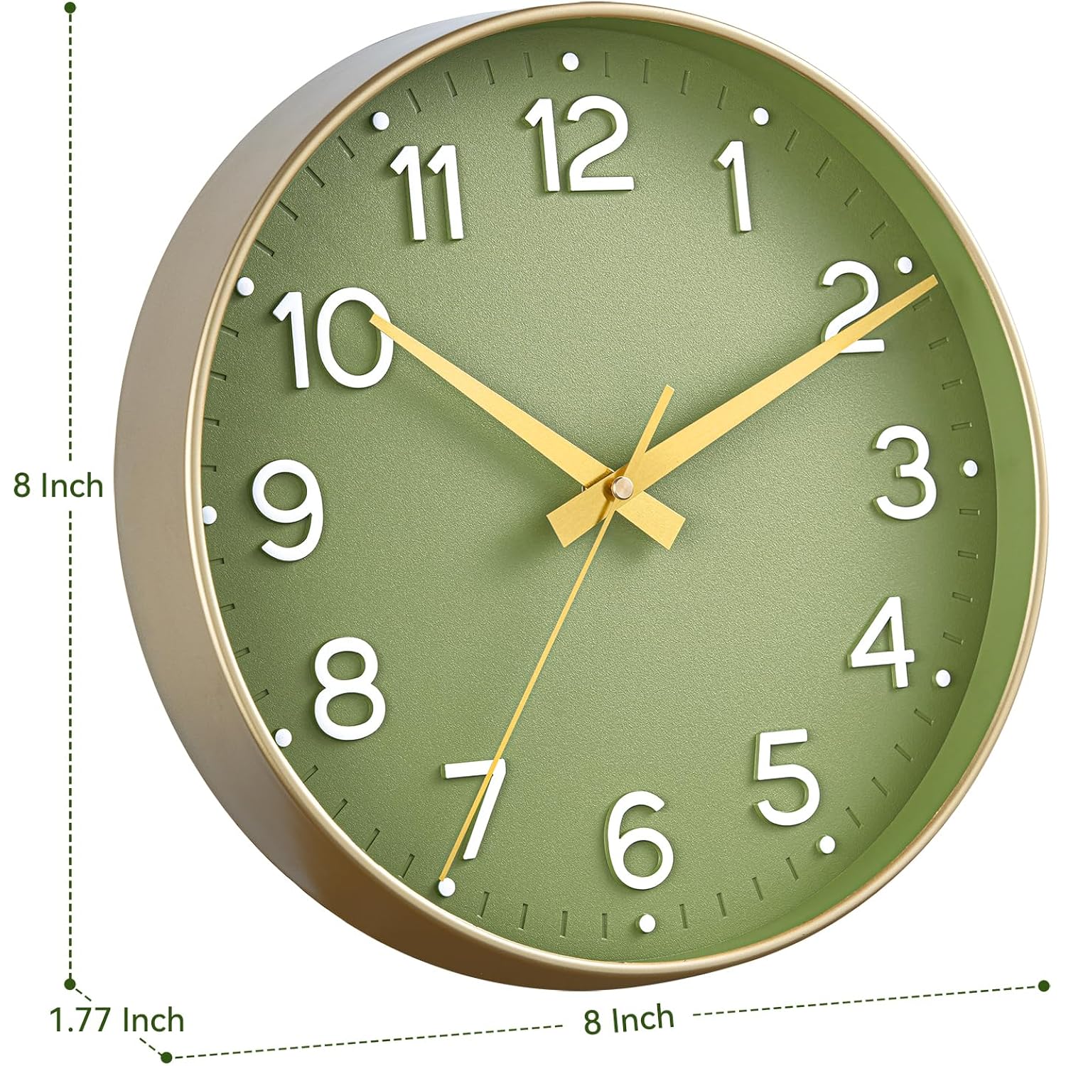Roymnie Wall Clock Green, Silent Wall Clocks Battery Operated 8 Inch-Modern Non Ticking Analog Clock Decorative For Kitchen Office Bathroom Bedroom(Gold)