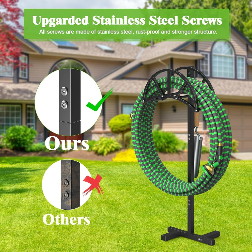 Mr Ironstone Garden Hose Holder Freestanding With 4 Spikes, Upgraded Water Hose Holder With Stainless Steel Screws, Heavy Duty Hose Stand Holds (Black)
