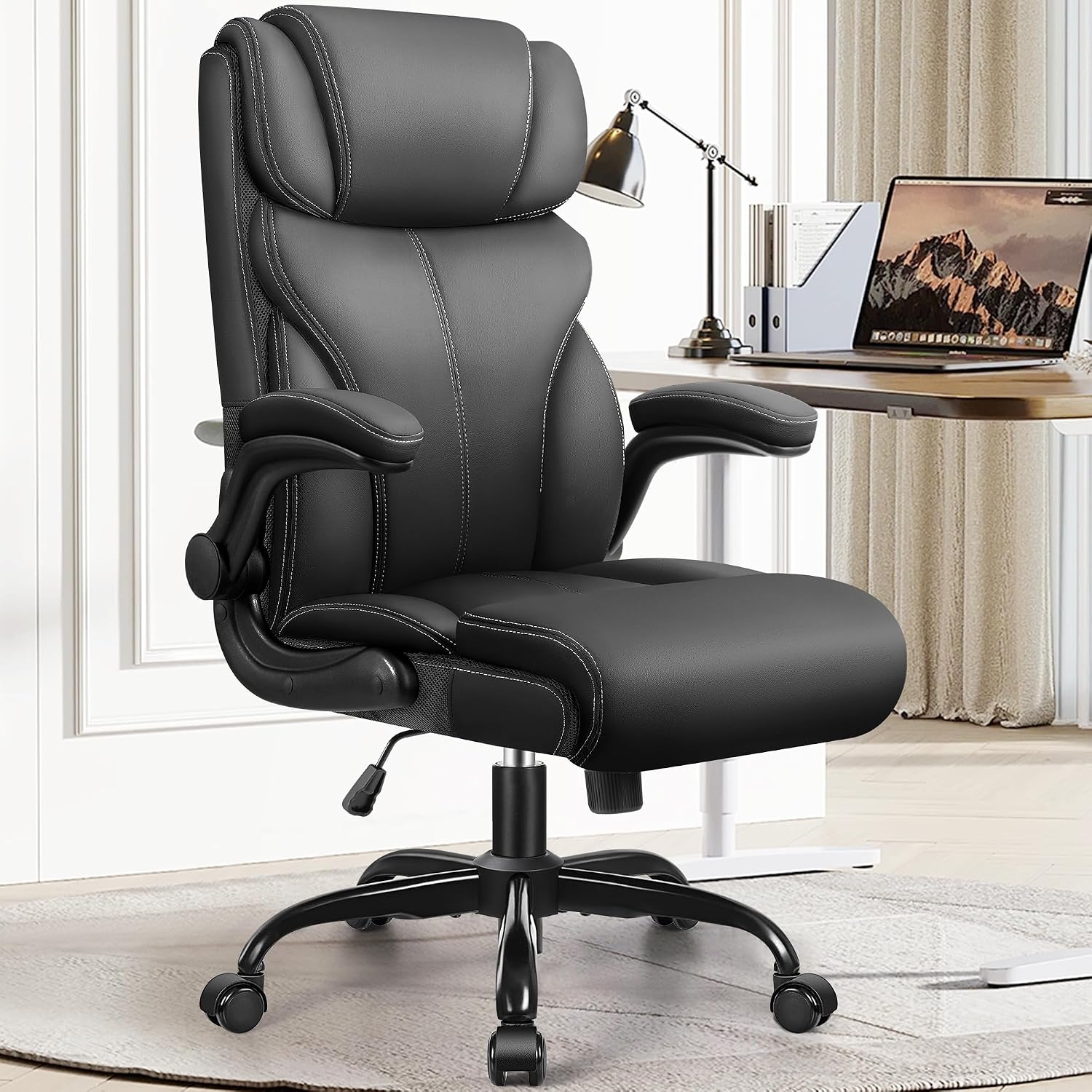 Office Chair, Ergonomic Big And Tall Computer Desk Chairs, Executive Breathable Leather Chair With Adjustable Flip-Up Armrests, Lumbar Support Swivel Pc Chair With Rocking Function,Matte Black