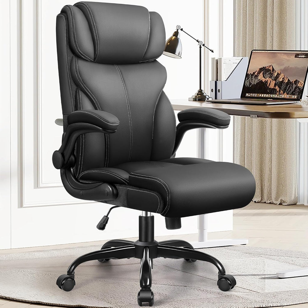 Office Chair, Ergonomic Big And Tall Computer Desk Chairs, Executive Breathable Leather Chair With Adjustable Flip-Up Armrests, Lumbar Support Swivel Pc Chair With Rocking Function,Matte Black