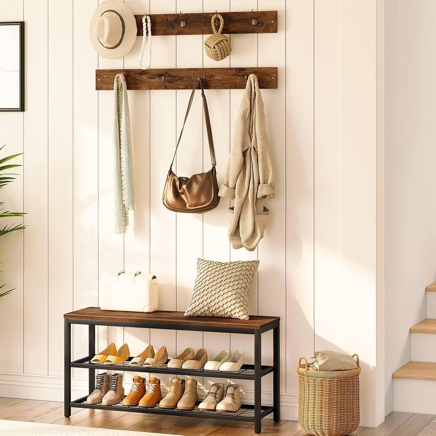 HOOBRO Hall Tree with Bench, Coat Rack Shoe Bench Set, Entryway Shoe Rack with Coat Hooks, Hall Tree Coat Rack, Mud Room, Industrial, for Foyer, Front Door, Rustic Brown BF07MT01