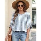 Womens 3/4 Sleeve Crew Neck Tops Business Casual Basic Blouses Trendy Flowy Tees