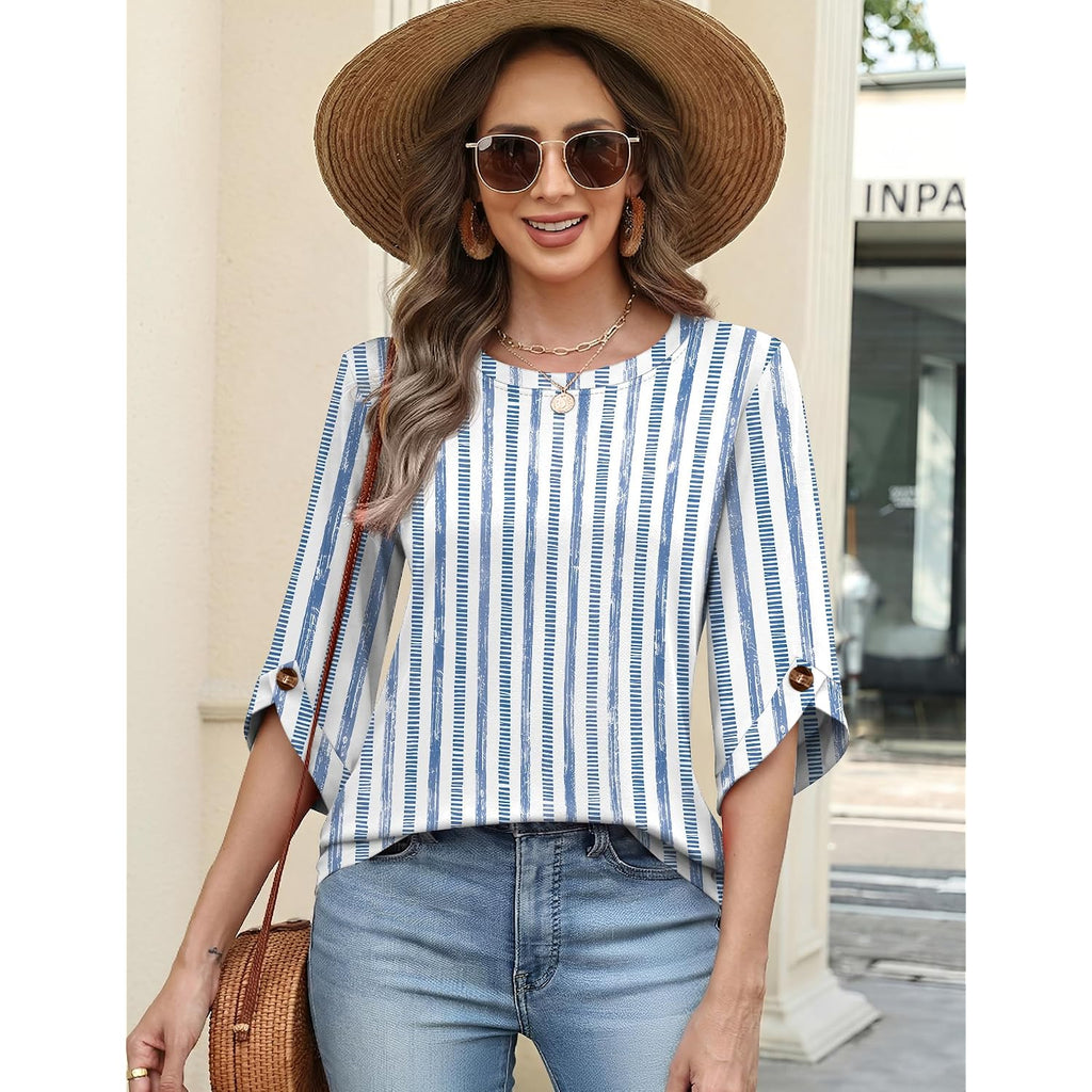 Womens 3/4 Sleeve Crew Neck Tops Business Casual Basic Blouses Trendy Flowy Tees