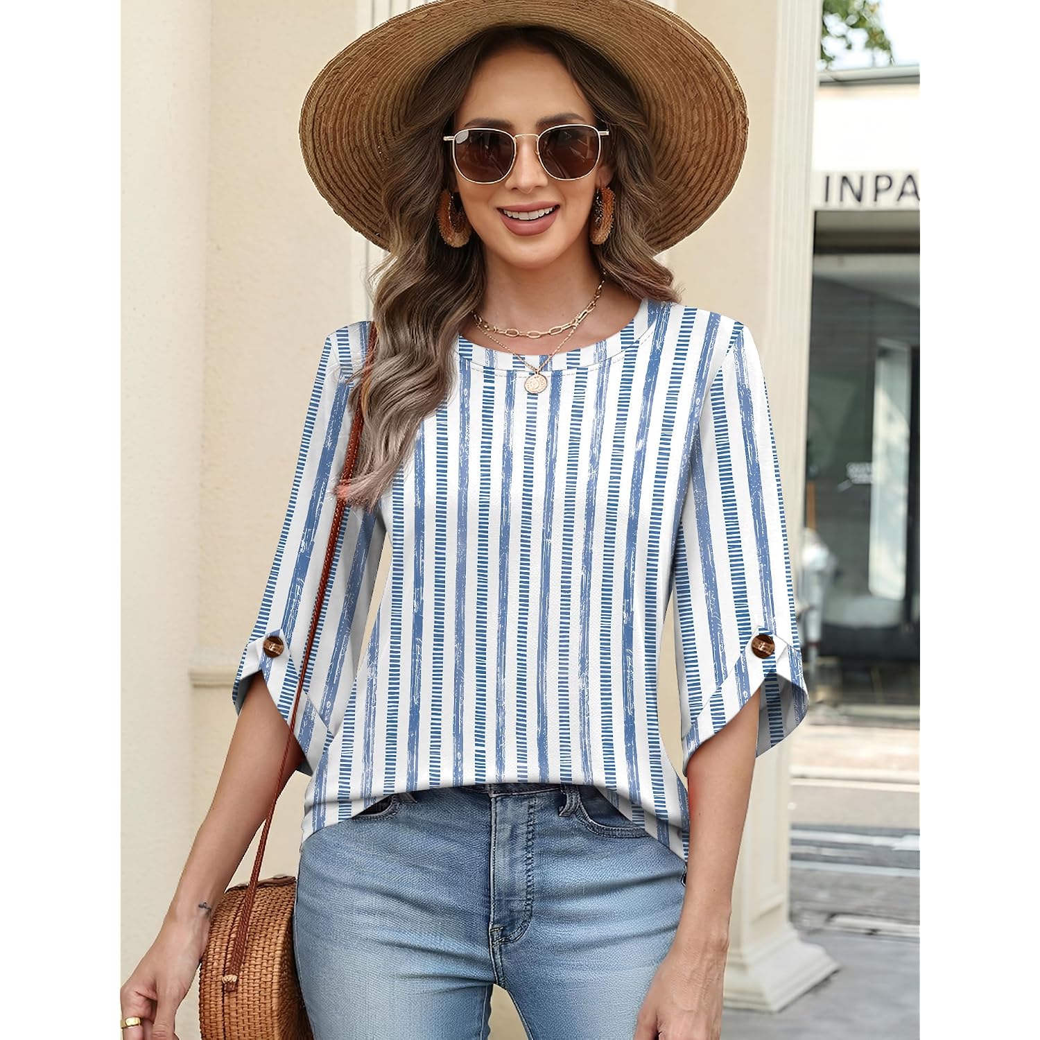 Womens 3/4 Sleeve Crew Neck Tops Business Casual Basic Blouses Trendy Flowy Tees