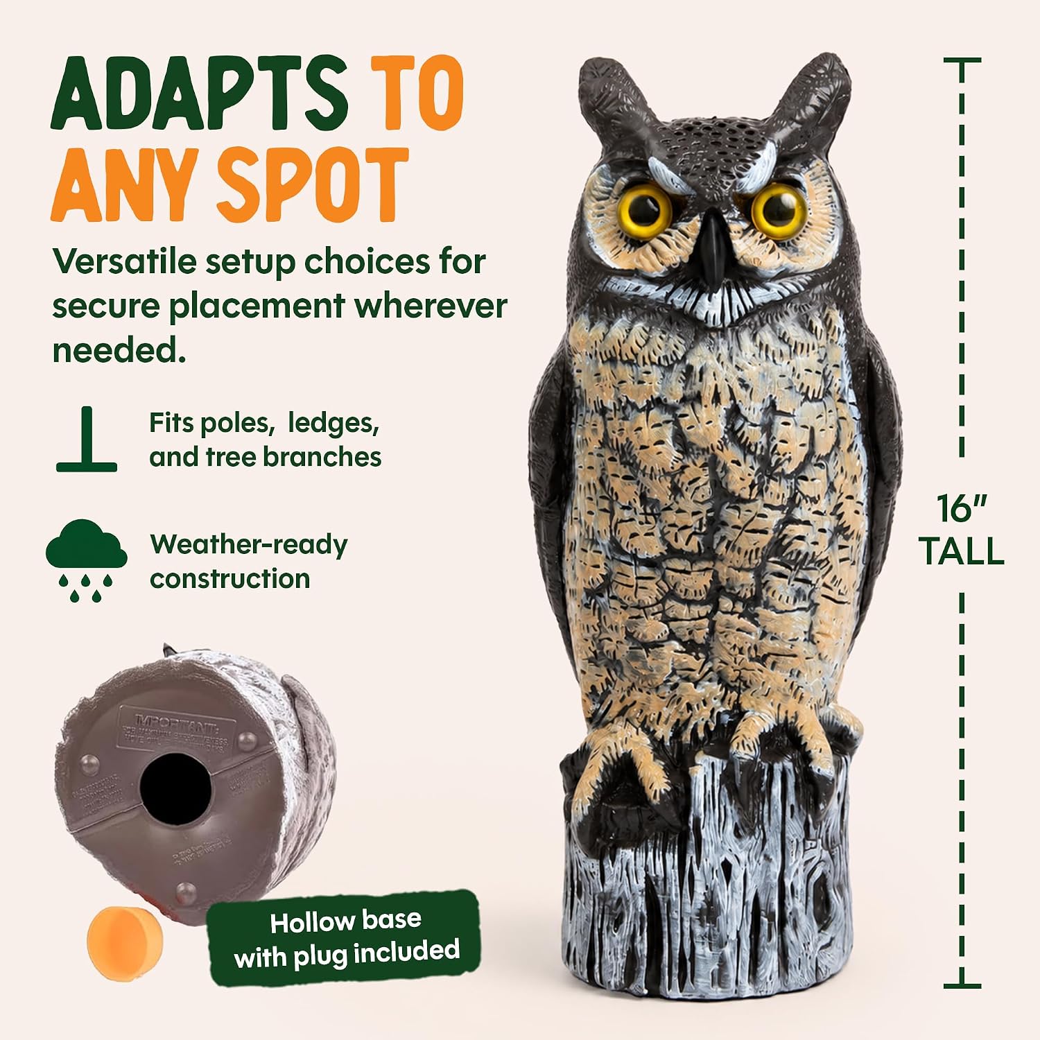 Dalen Lifelike Great Horned Owl Decoy Bird Repellent - 16In Hand-Painted Scarecrow For Gardens & Rooftops, Owl Bird Deterrent, Fixed-Head Design, Fill Base With Sand/Gravel Only - Multicolor