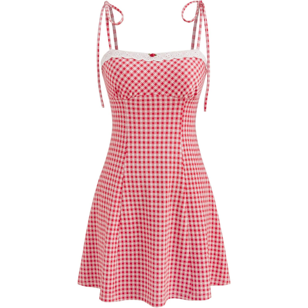 Cider Womens Summer Gingham Dress Plaid Tie Spaghetti Strap Sleeveless Lace Trim Cute A Line Casual Mini Dresses Sundress