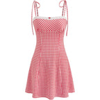 Cider Womens Summer Gingham Dress Plaid Tie Spaghetti Strap Sleeveless Lace Trim Cute A Line Casual Mini Dresses Sundress