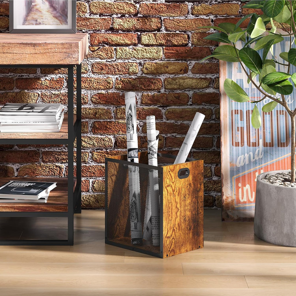 Huxitocan Retro Office Trash Can, Iron And Wood Combination Bedroom Garbage Can, Rectangular Design Wastebasket With Handle, Industrial Style Trash Can For Home Office, 4.5 Gallon (Patent Pending)