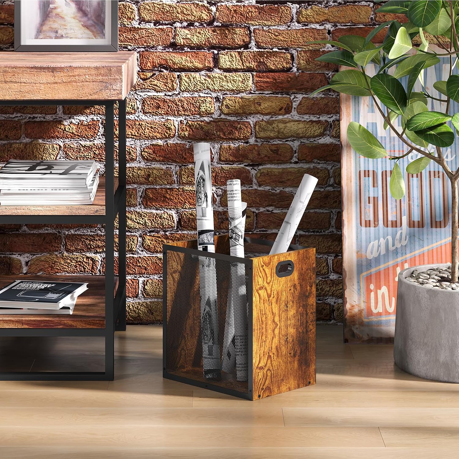 Huxitocan Retro Office Trash Can, Iron And Wood Combination Bedroom Garbage Can, Rectangular Design Wastebasket With Handle, Industrial Style Trash Can For Home Office, 4.5 Gallon (Patent Pending)