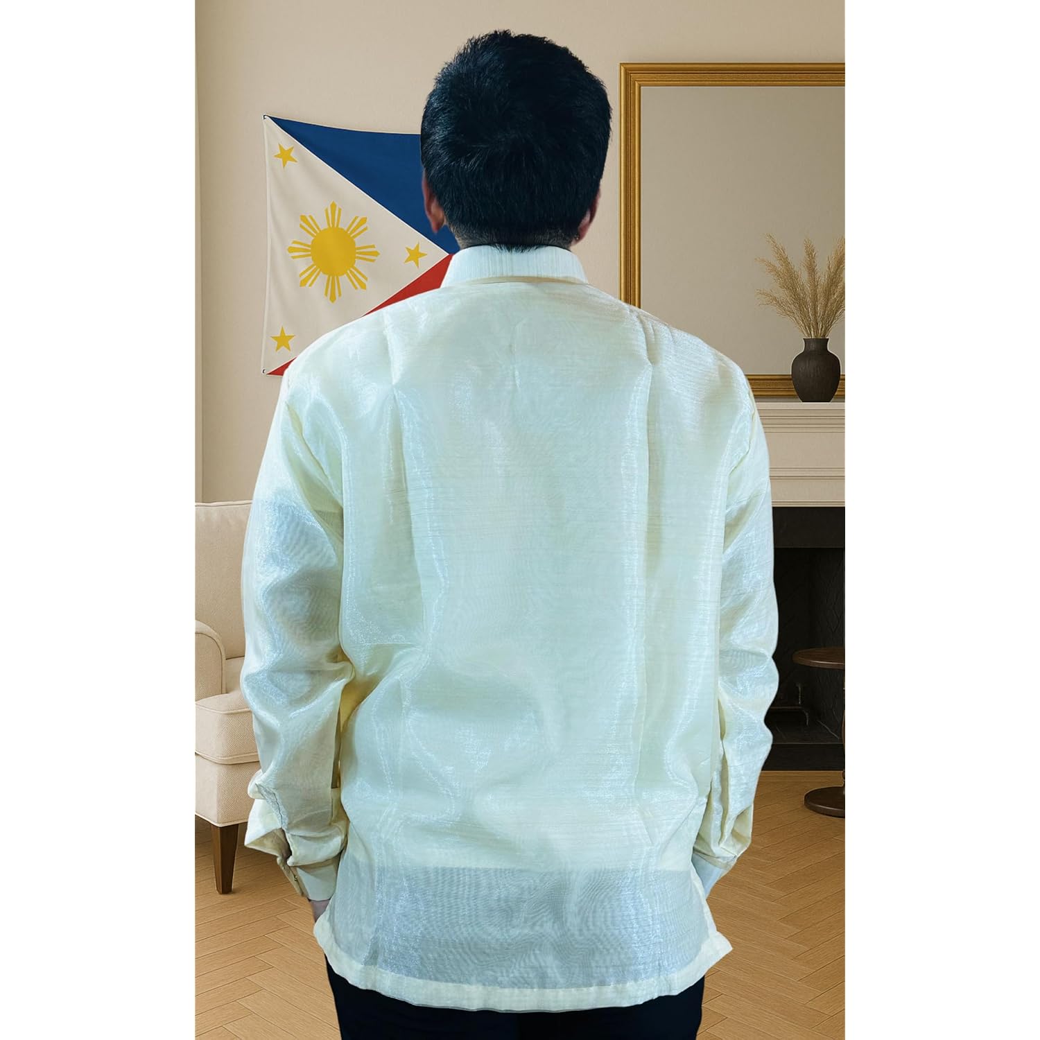 Barong Tagalog For Men, Long Sleeve Traditional Filipino Shirt, Organza With Pina Embroidery - Us Size