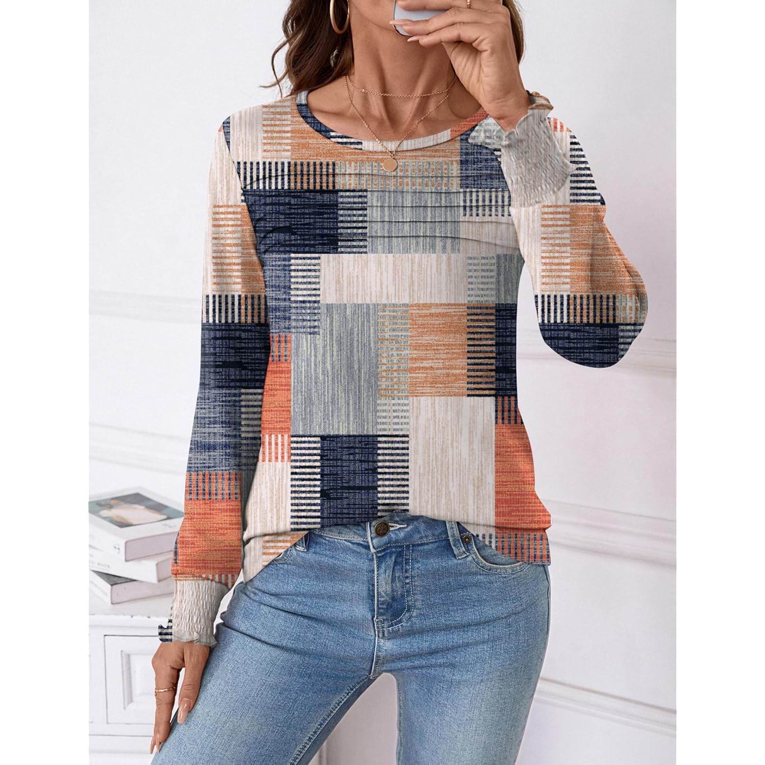 Women Tops Long Sleeve Blouses Dressy Casual Crewneck Pleated Tunic Shirts 2026 Loose Fashion Clothes