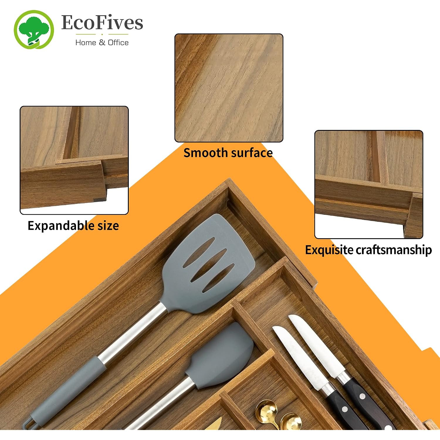 Luxury Acacia Kitchen Drawer Organizer - Silverware Organizer - Utensil Holder And Cutlery Tray With Grooved Drawer Dividers For Flatware And Kitchen Utensils (8 Slot), 17*12.4*2 Inch