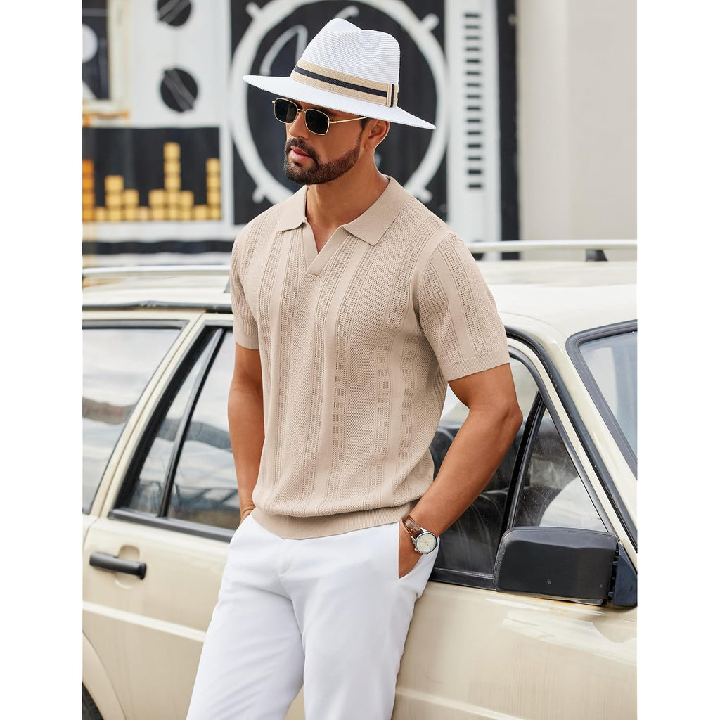 Coofandy Mens Knit Polo Shirts V Neck Textured Polo Shirts Short Sleeve Breathable Polo Casual Collared T Shirt Fashion Tops