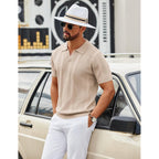 Coofandy Mens Knit Polo Shirts V Neck Textured Polo Shirts Short Sleeve Breathable Polo Casual Collared T Shirt Fashion Tops