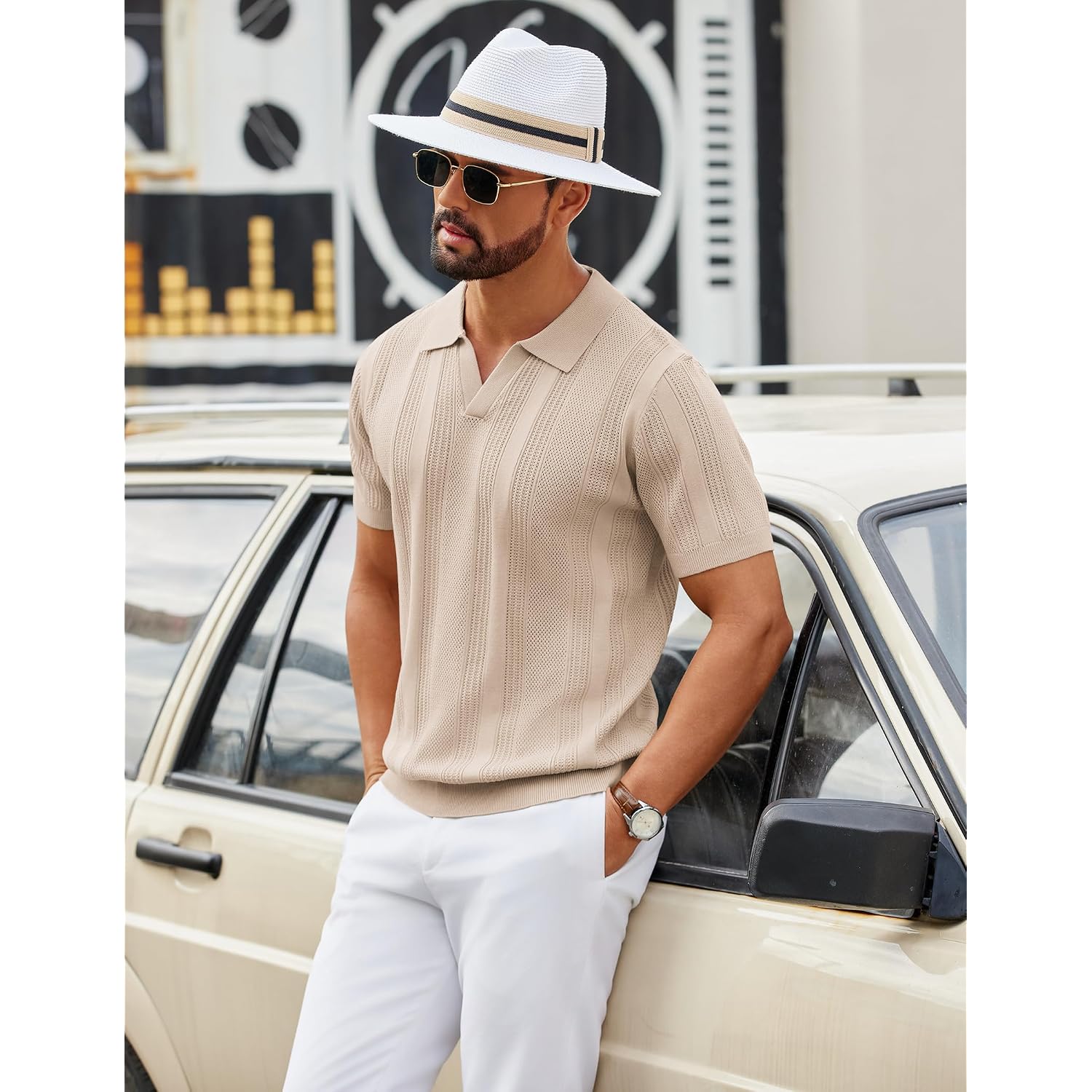 Coofandy Mens Knit Polo Shirts V Neck Textured Polo Shirts Short Sleeve Breathable Polo Casual Collared T Shirt Fashion Tops