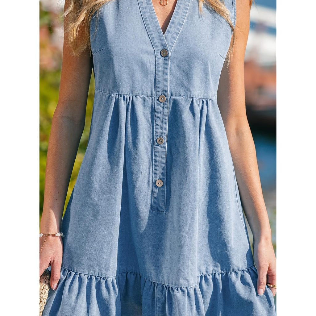 Cupshe Women Summer Dress Notched V Neck Front Button Denim Dress Sleeveless Ruffle Hem Beach Vacation Mini Sun Dress
