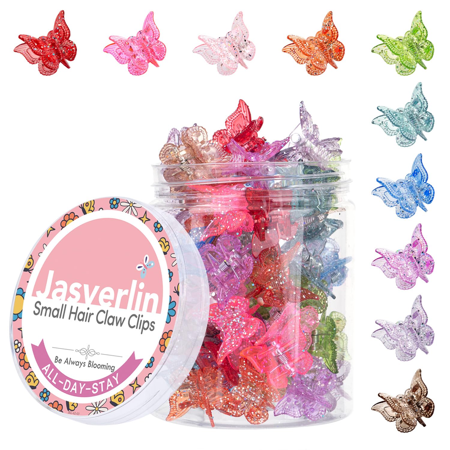 Jasverlin Glitter Mini Butterfly Hair Claw Clips, Sparkly Colorful Hair Accessories For Girls And Women - 90S Y2K Cute, Small, Tiny Clip In 10 Assorted Colors, Set Of 50 (Glitter)