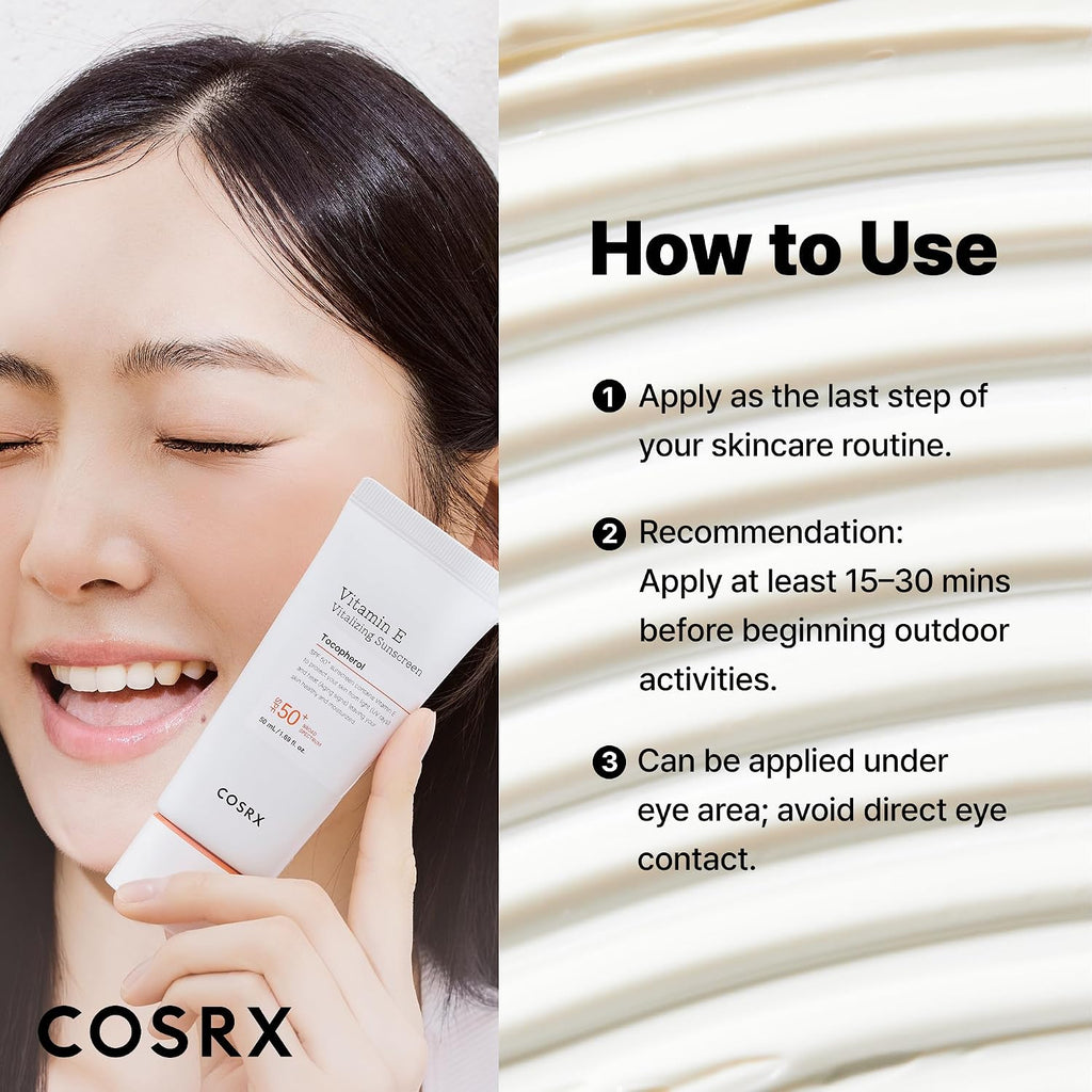 Cosrx Vitamin E Sunscreen For Oily Skin Spf 50, Natural Glow Face Sunscreen, Lightweight, Non-Sticky, No White Cast, Hydrating, Beach Essentials, Summer Travel Essentials, Korean Skincare,1.69 Fl Oz