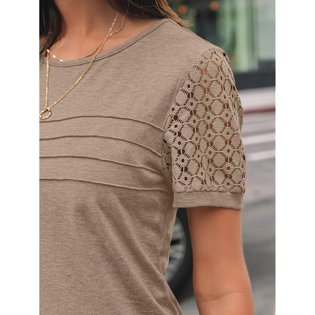 Women's Short Sleeve Shirts Dressy Lace Summer Tops 2026 Spring Trendy Casual T-Shirts Cute Work Outfits Blouses