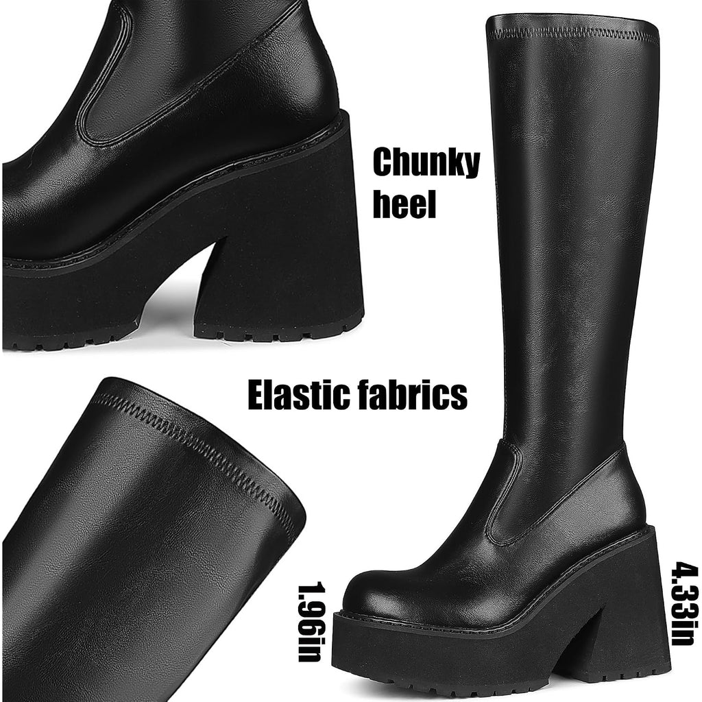 Womens Elastic Knee High Platform Chunky Block High Heel Sock Boots Zipper Round Toe Fashion Motorcycle Combat Punk Boots For Women
