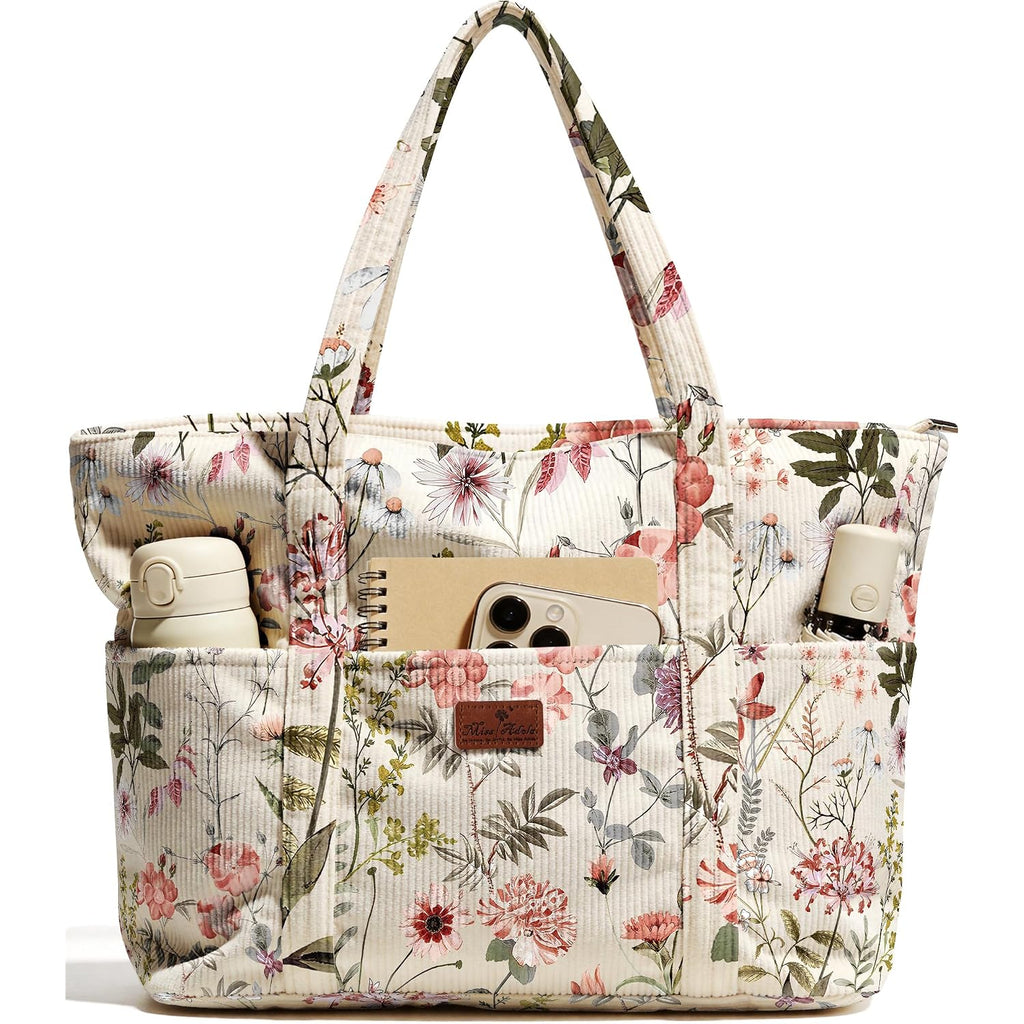 Aesthetic Corduroy Tote Bag - Large Travel Tote Bag For Women With Zipper, Multi Pockets For Work, Teacher, Nurse
