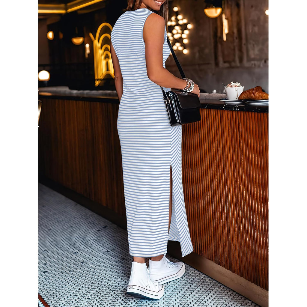Anrabess Womens Summer Casual Sleeveless T Shirt Midi Dress Slim Fit Tie Waist Split Tank Long Dresses 2026 Vacation Sundress