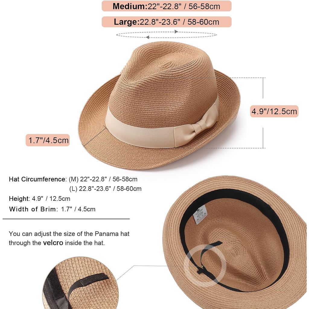 DRESHOW Women Straw Sun Hat Short Brim Panama Travel Fedora Beach Cap Roll up Summer Hat for Women Men UPF 50+ 1 Pack With Beige Band: Khaki