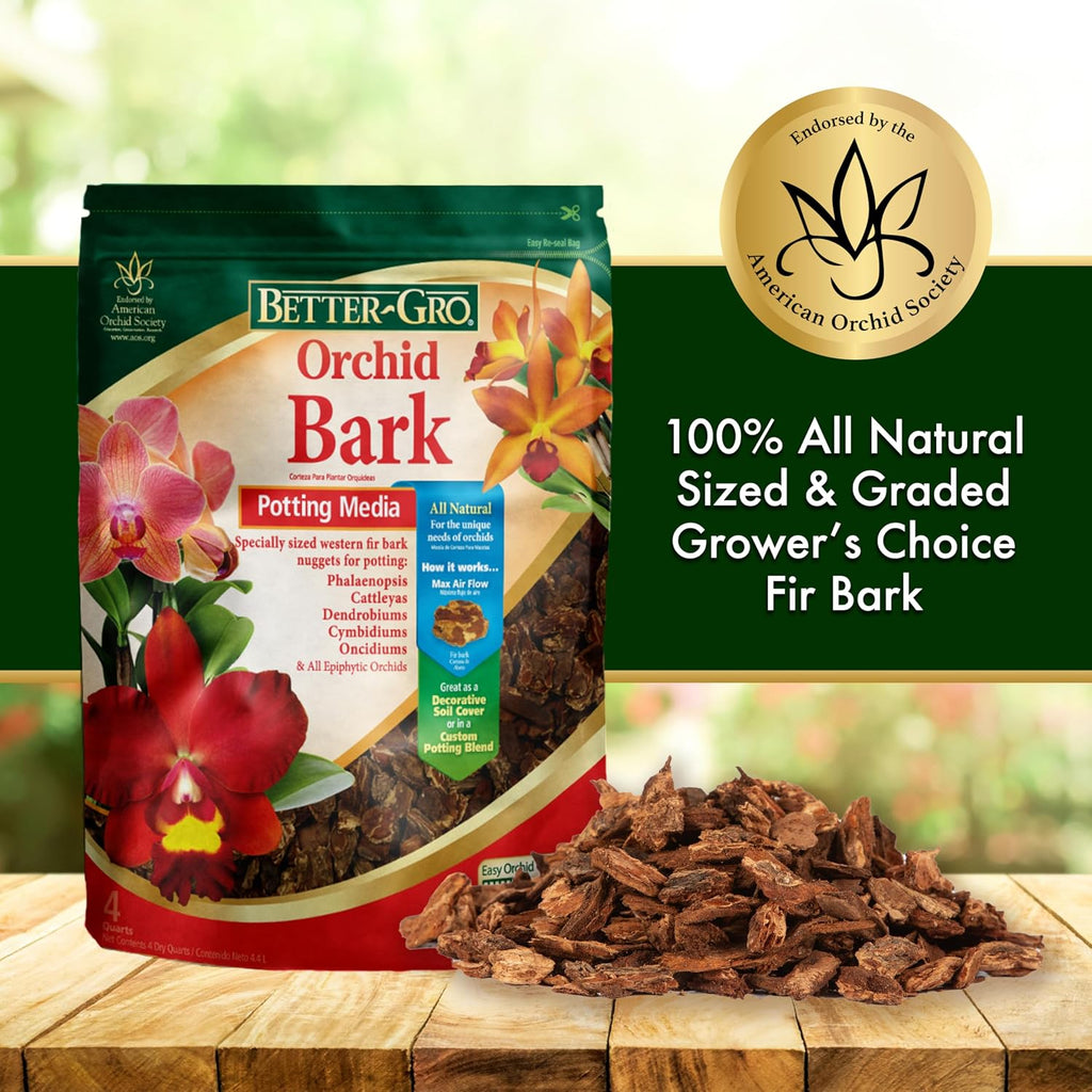 Better-Gro Orchid Bark - Premium Grade Orchid Potting Medium For Potting, Repotting, Root Development, And Water Retention, Ideal For Phalaenopsis, Epiphytic Orchids, And Tropical Plants - 4 Quarts