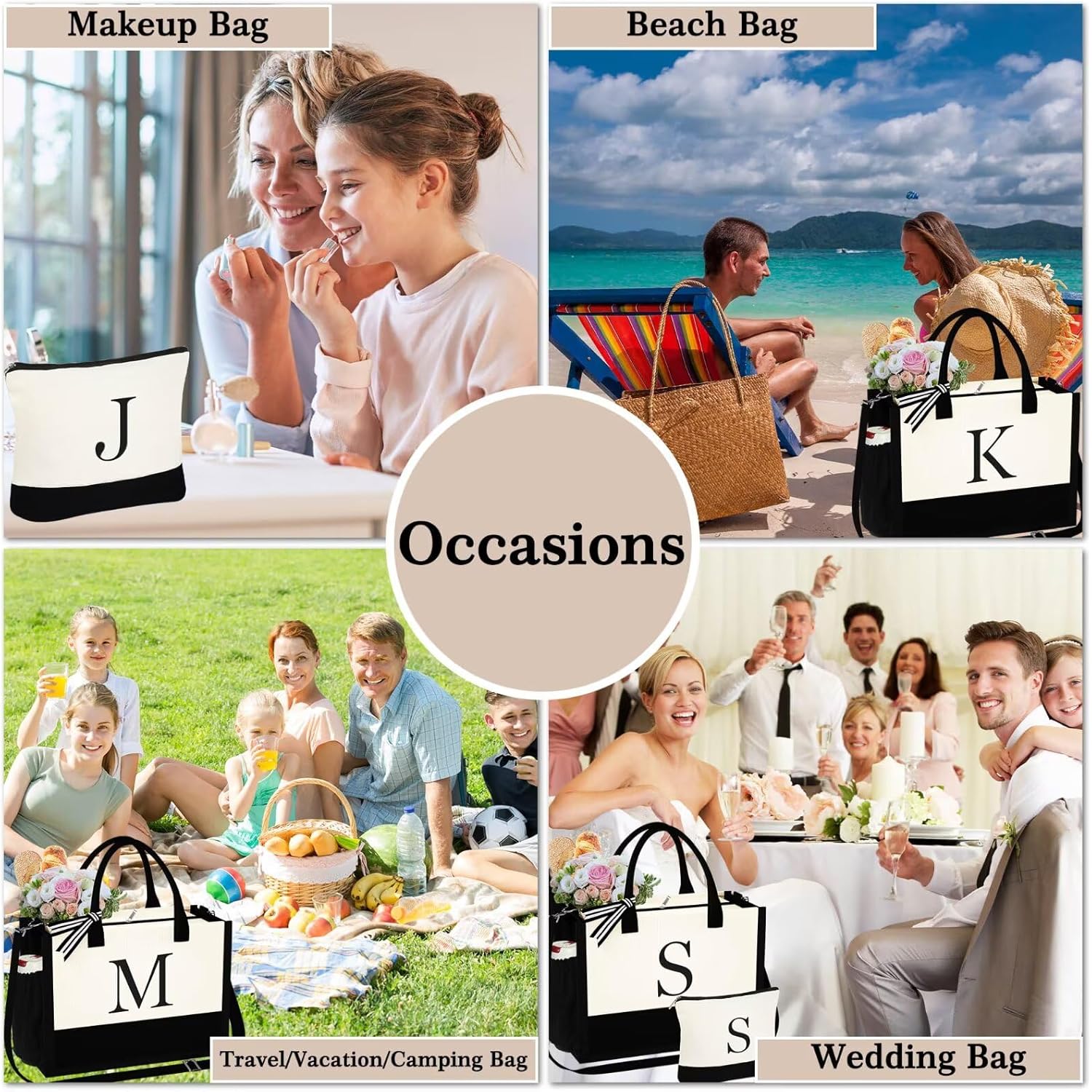 YOOLIFE Birthday Gifts for Women - Initial Canvas Tote Bag & Makeup Bag Monogrammed Beach Bag for Women Mom Sister Friends