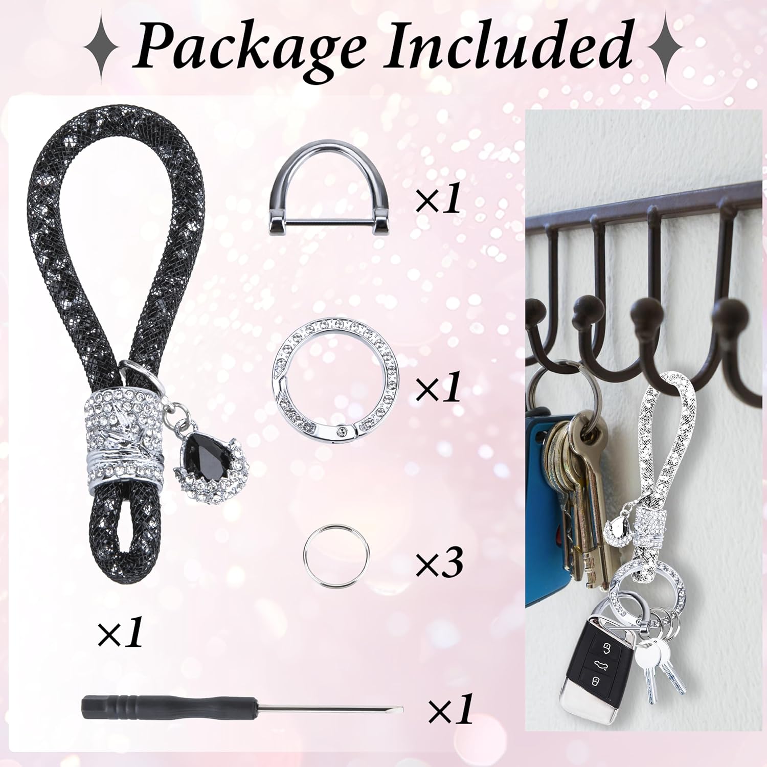 Crystal Bling Car Keychain, Car Key Chain Glitter Key Ring, Rhinestone Keychain Ring Strap