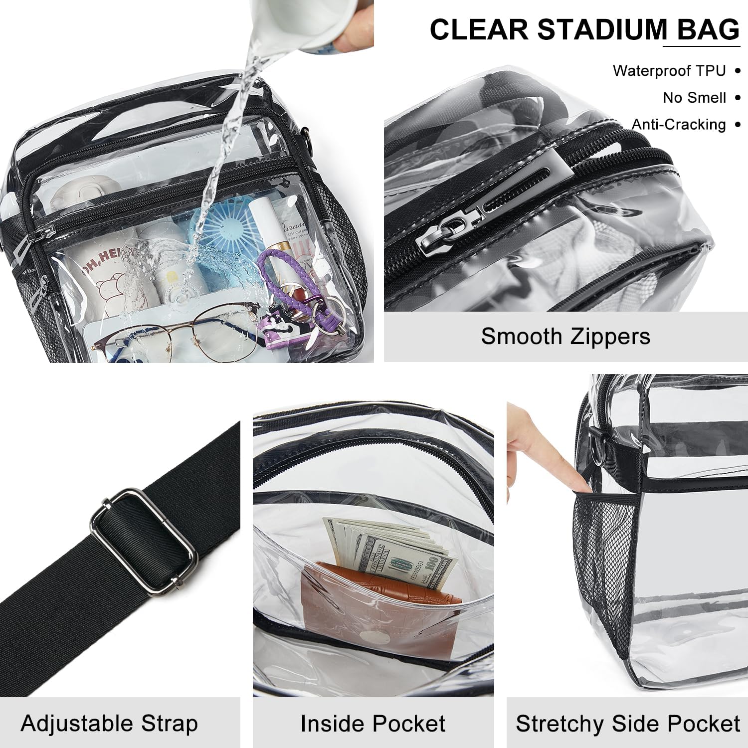 Clear Bag For Stadium Events 12X6X12 Clear Purse With 3-Zipper Pockets Crossbody Handbag Tote For Concerts Sports