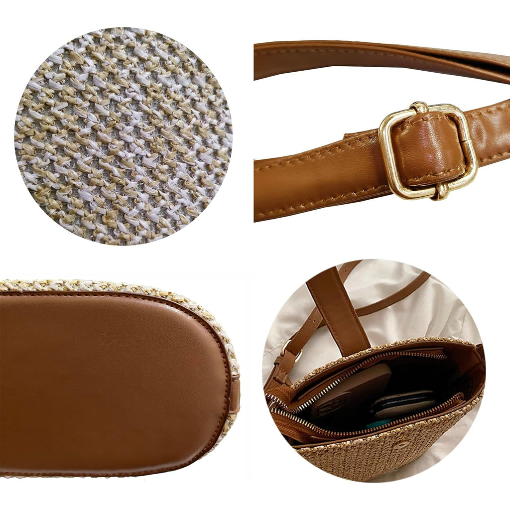 Women Straw Crossbody Bag Beach Handmade Rattan Shoulder Bags Hand Woven Leather Straps Straw Clutch Purse Vacation