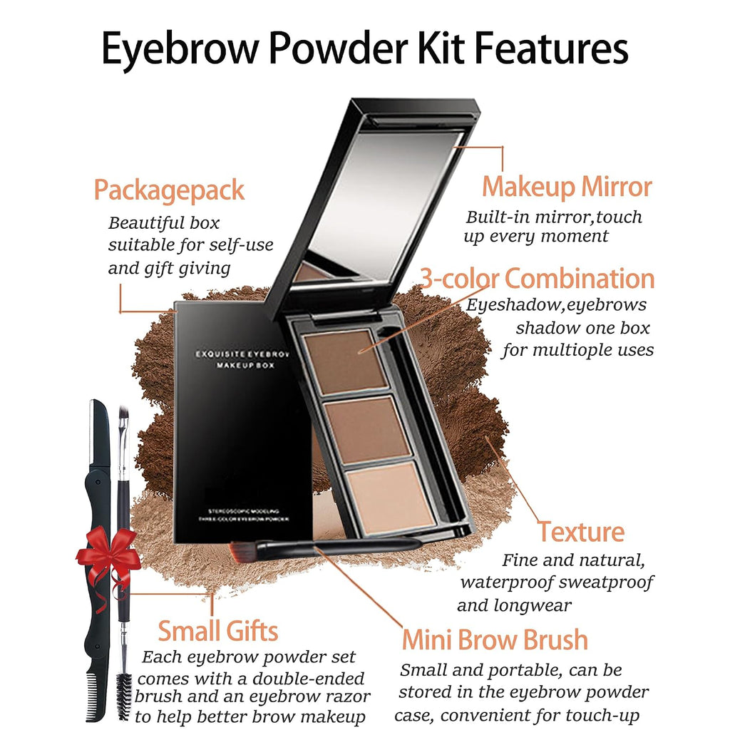 Eyebrow Powder Makeup Kit-3 Colors Eye Brow Powder Palette Long-Lasting Waterproof, Dark/Light Brown Brow Filler, Fill & Sculpt Full Eyebrows For Women, With Mirror, Brow Brush & Razor-Set 02