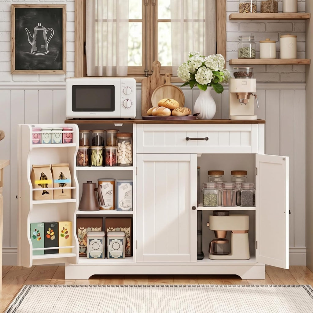 Gizoon Kitchen Coffee Bar Cabinet With Storage Kitchen Sideboard Buffet Cabinet With Drawers, Short Pantry With Door And Shelves For Bathroom And Living Room, White And Rustic