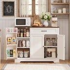 Gizoon Kitchen Coffee Bar Cabinet With Storage Kitchen Sideboard Buffet Cabinet With Drawers, Short Pantry With Door And Shelves For Bathroom And Living Room, White And Rustic