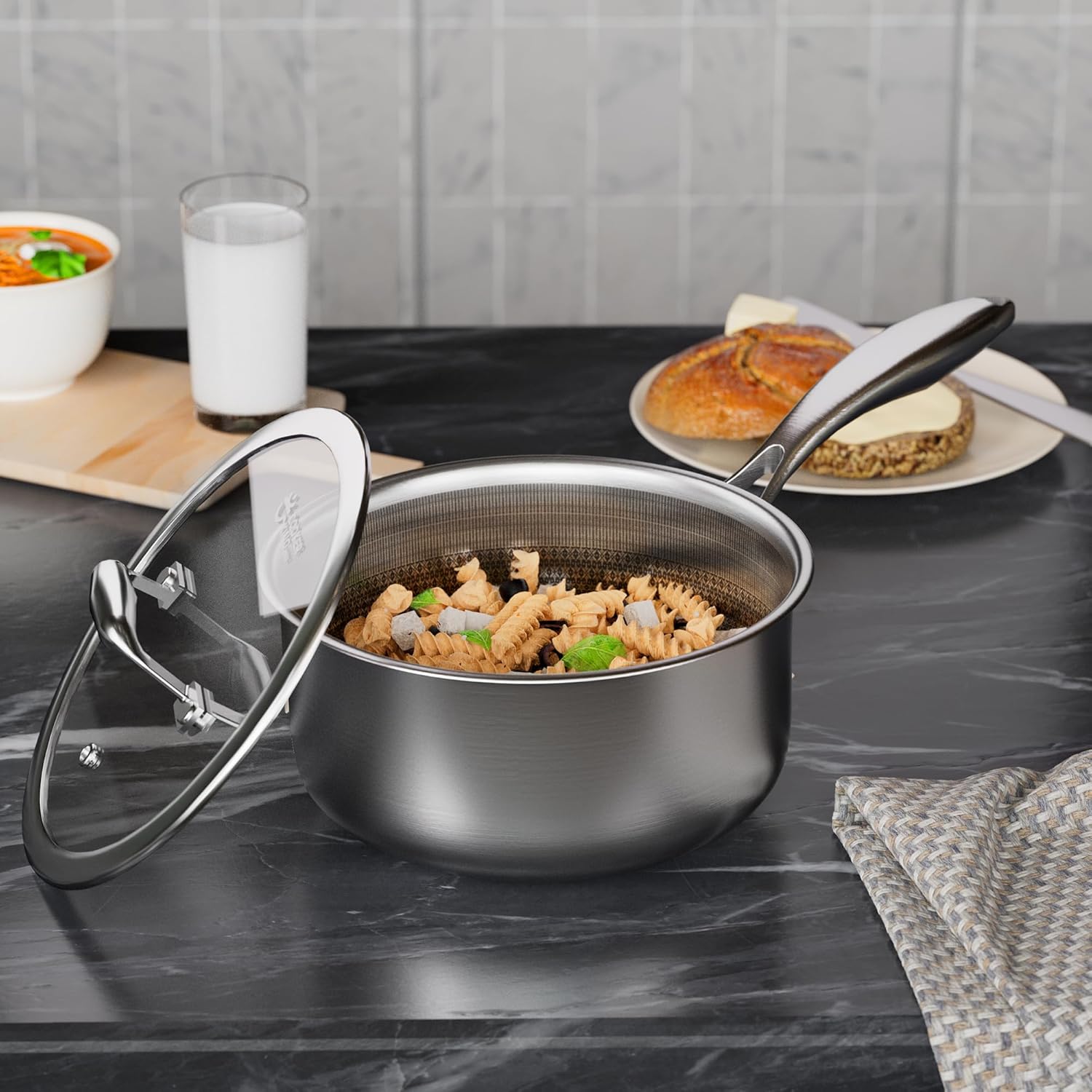 COOKER KING 2 Quart Stainless Steel Saucepan, Nonstick Sauce Pan, Ceramic Suce Pot with Tempered Glass Lid, Induction Pot Compatible with All Cooktops, Dishwasher & Oven Safe(PFAS/PFOA/PTFE Free)