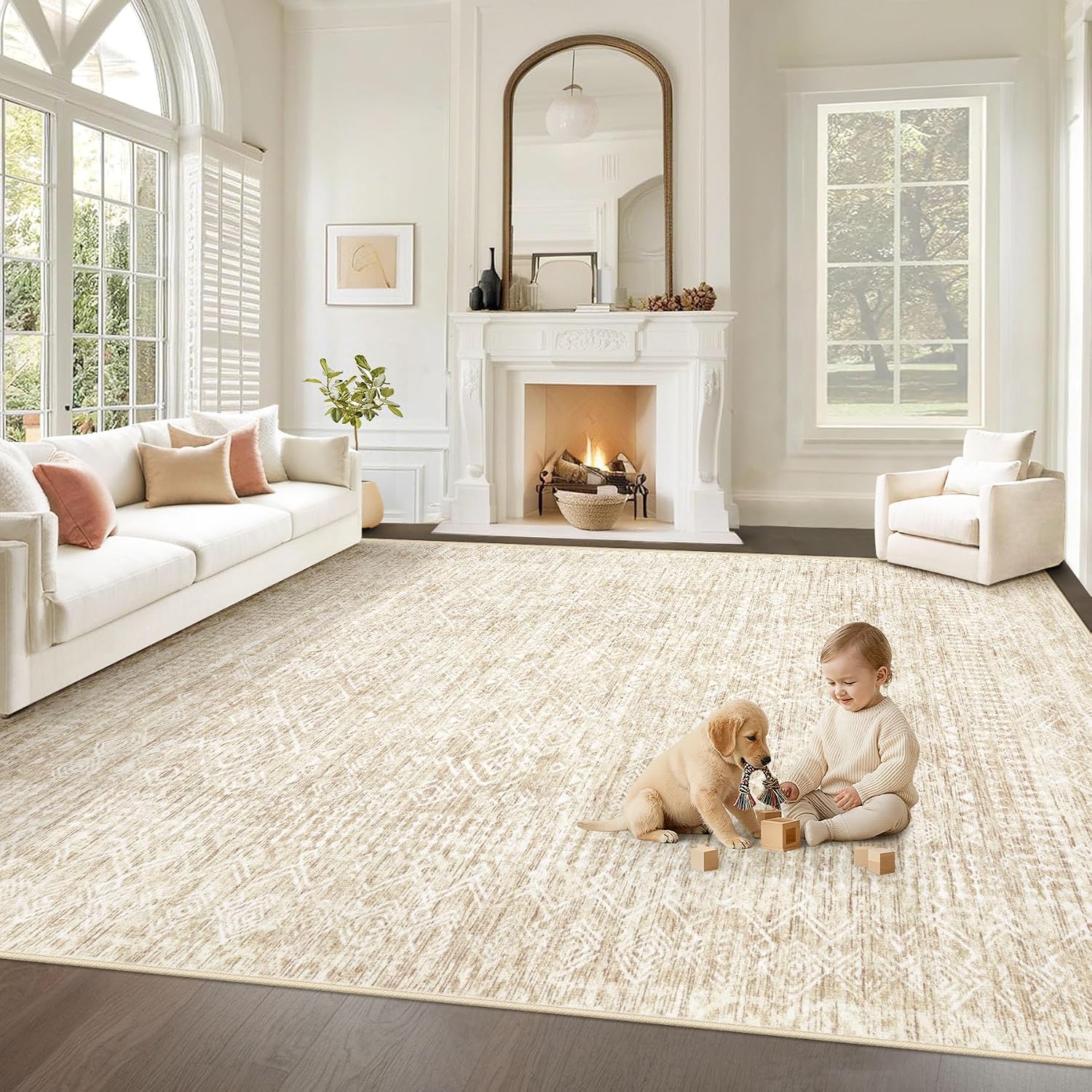 Living Room Rugs 8X10: Washable Moroccan Geometric Boho Rug Farmhouse Non Slip Stain Resistant Large Rug Low Pile Soft Carpet For Bedroom Dining Room Children Room (Beige,8'X10')
