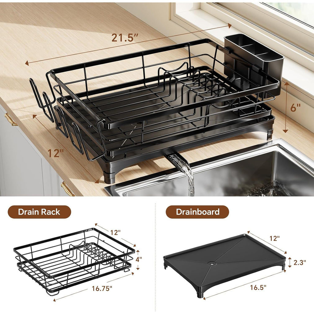Simple Trending Dish Drying Rack For Kitchen Counter, Stainless Steel Dish Rack, Large Dish Drainer Organizer With Cutlery Holder & Cup Holders, Black