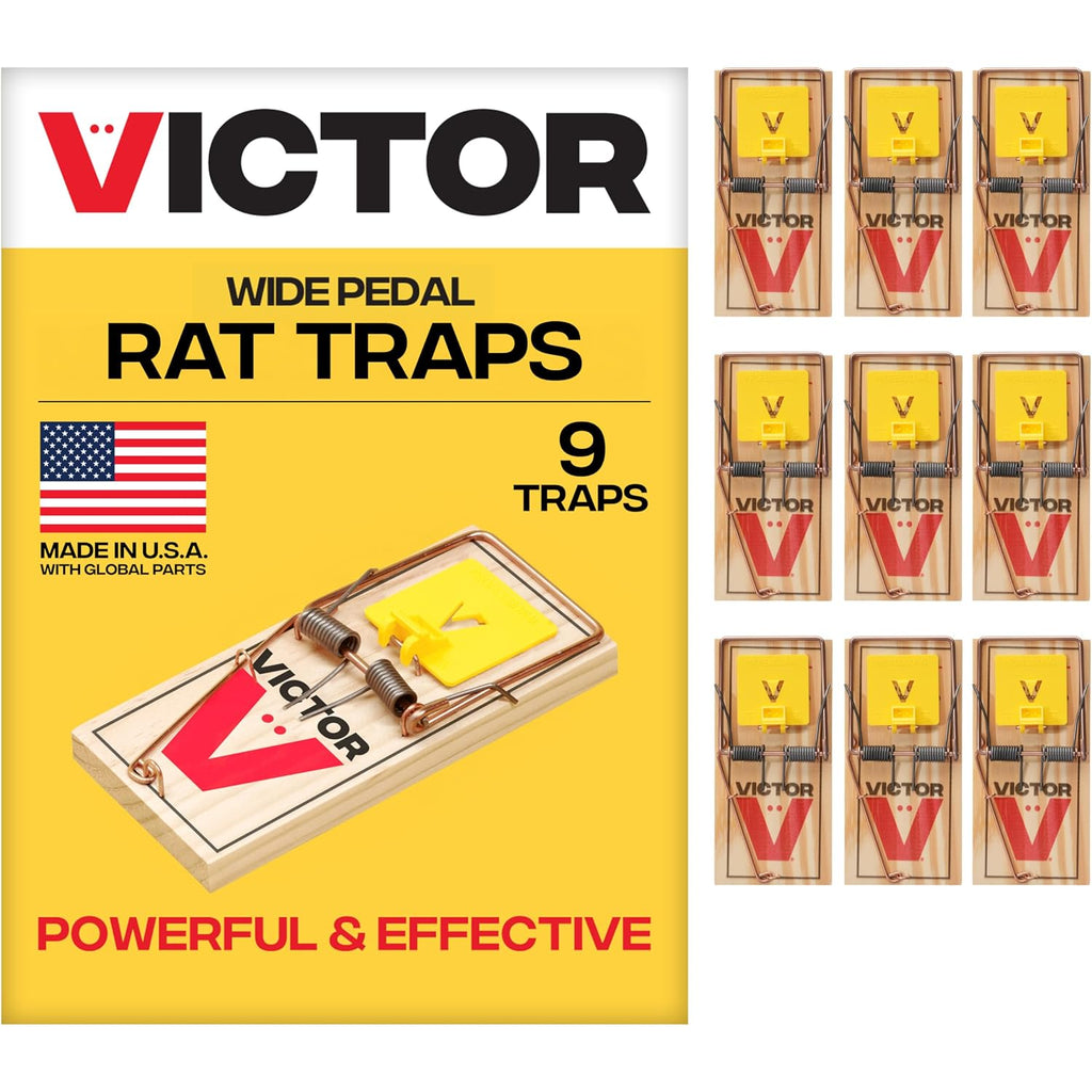 Victor Wide Pedal Snap Rat Traps, 9-Pack, Fsc Certified Wood | Large Trip Pedal Indoor Outdoor Rodent Control Pest Elimination Pre-Baited Easy Set Design Instant Kill